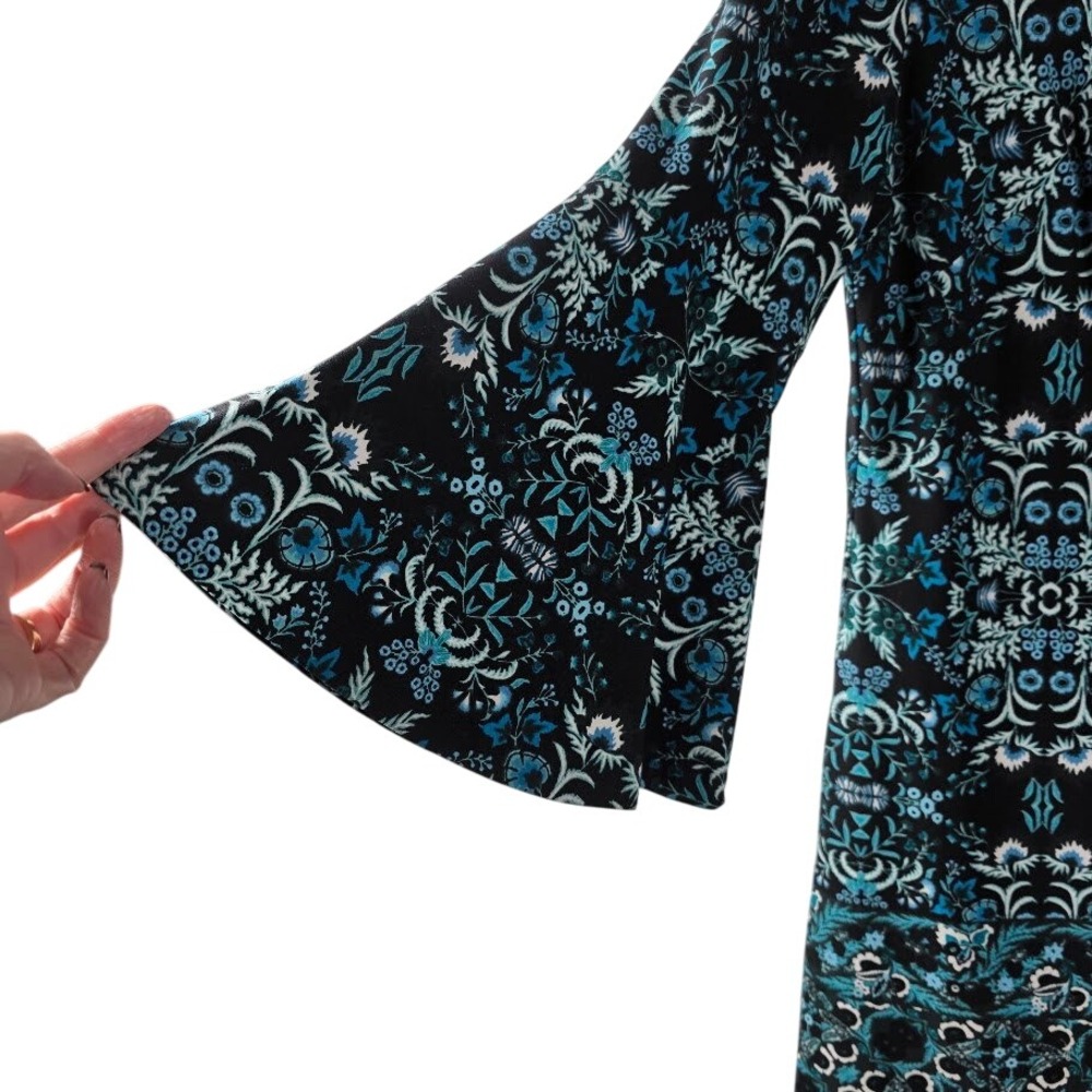 Vince‎ Camuto Bell Sleeve  Dress Black Teal Blue Floral Print Geometric Pattern - Picture 4 of 7